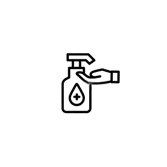 Hygienisches Arbeiten: Es ist eine Hand abgebildet, die unter einer Desinfektionsmittelflasche in Schwarz weiß abgebildet ist.